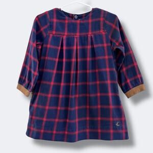 Petit Bateau Girls Dress Size 24M Red Blue Plaid Long Sleeve Cotton Pockets Logo